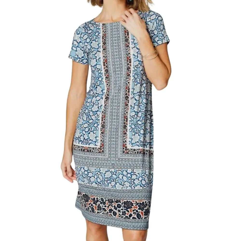 J. Jill Mixed Print Floral Lightweight Boatneck Jersey Dress Knee Length Sz S